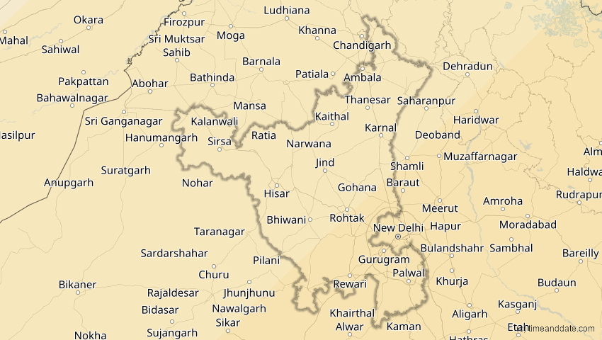 A map of Haryana, Indien, showing the path of the 15. Jan 2010 Ringförmige Sonnenfinsternis