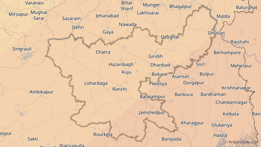 A map of Jharkhand, Indien, showing the path of the 15. Jan 2010 Ringförmige Sonnenfinsternis