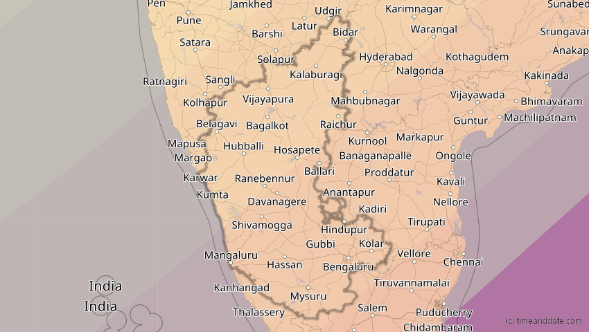 A map of Karnataka, Indien, showing the path of the 15. Jan 2010 Ringförmige Sonnenfinsternis