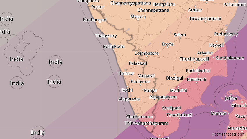 A map of Kerala, Indien, showing the path of the 15. Jan 2010 Ringförmige Sonnenfinsternis