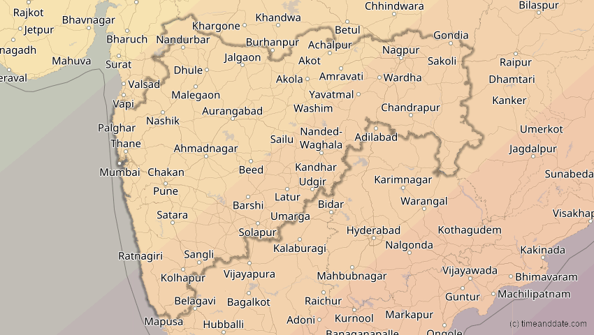 A map of Maharashtra, Indien, showing the path of the 15. Jan 2010 Ringförmige Sonnenfinsternis