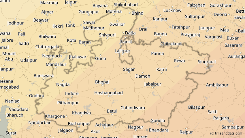 A map of Madhya Pradesh, Indien, showing the path of the 15. Jan 2010 Ringförmige Sonnenfinsternis