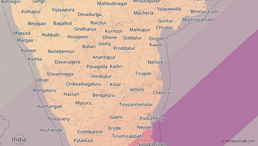 A map of Pondicherry, Indien, showing the path of the 15. Jan 2010 Ringförmige Sonnenfinsternis