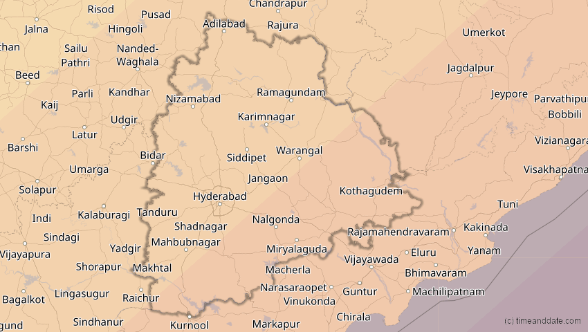 A map of Telangana, Indien, showing the path of the 15. Jan 2010 Ringförmige Sonnenfinsternis