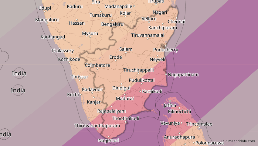 A map of Tamil Nadu, Indien, showing the path of the 15. Jan 2010 Ringförmige Sonnenfinsternis