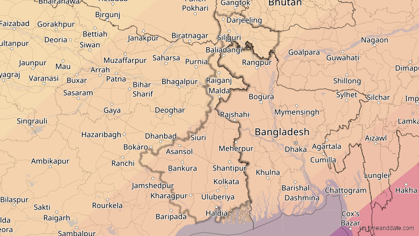 A map of Westbengalen, Indien, showing the path of the 15. Jan 2010 Ringförmige Sonnenfinsternis