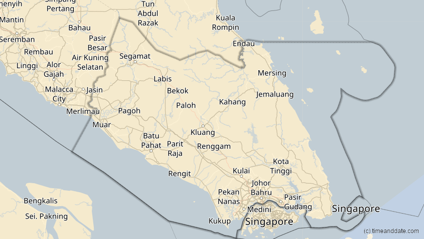 A map of Johor, Malaysia, showing the path of the 15. Jan 2010 Ringförmige Sonnenfinsternis