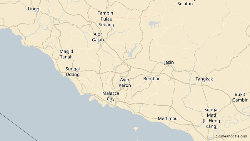 A map of Malakka, Malaysia, showing the path of the 15. Jan 2010 Ringförmige Sonnenfinsternis