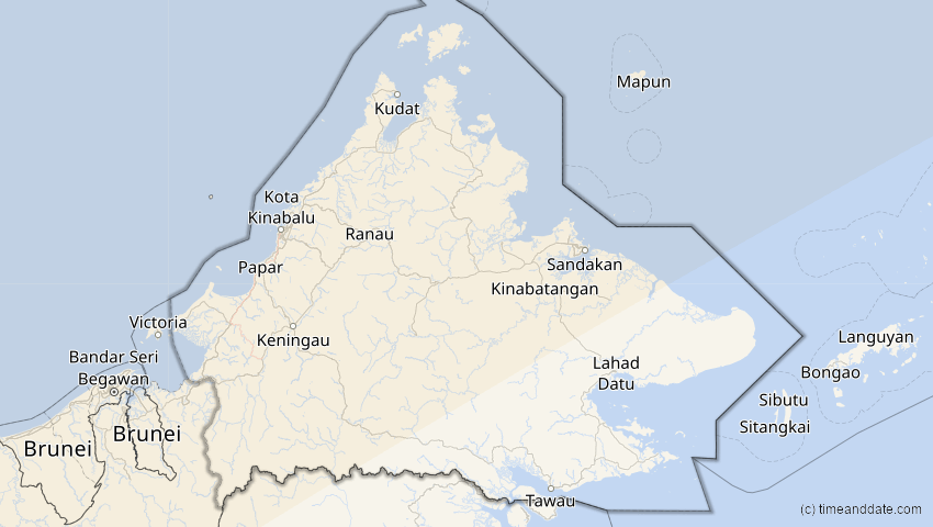 A map of Sabah, Malaysia, showing the path of the 15. Jan 2010 Ringförmige Sonnenfinsternis