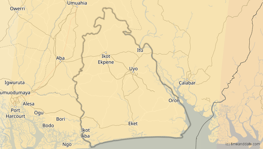 A map of Akwa Ibom, Nigeria, showing the path of the 15. Jan 2010 Ringförmige Sonnenfinsternis