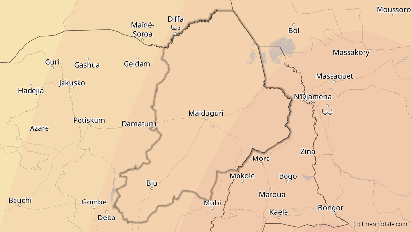 A map of Borno, Nigeria, showing the path of the 15. Jan 2010 Ringförmige Sonnenfinsternis