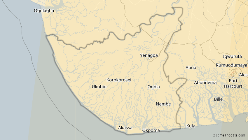 A map of Bayelsa, Nigeria, showing the path of the 15. Jan 2010 Ringförmige Sonnenfinsternis