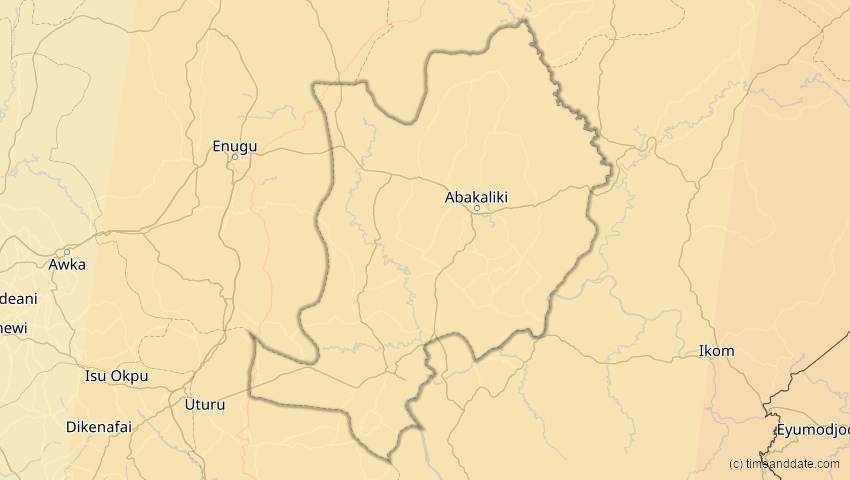 A map of Ebonyi, Nigeria, showing the path of the 15. Jan 2010 Ringförmige Sonnenfinsternis