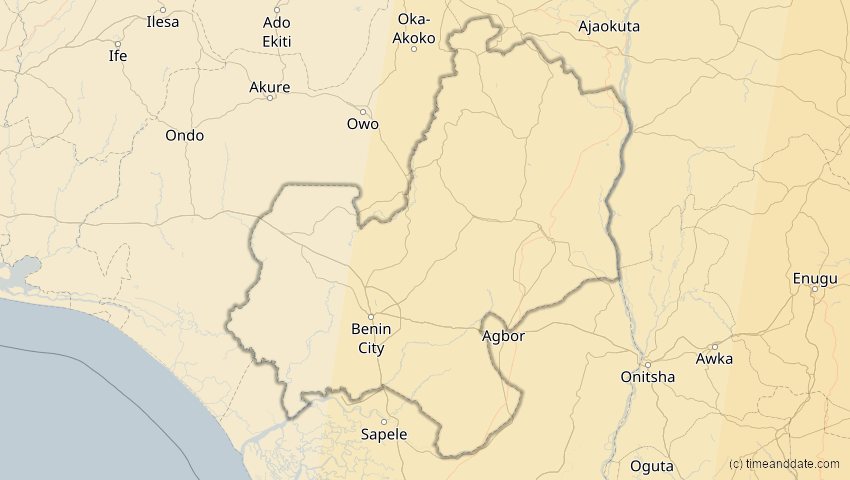 A map of Edo, Nigeria, showing the path of the 15. Jan 2010 Ringförmige Sonnenfinsternis