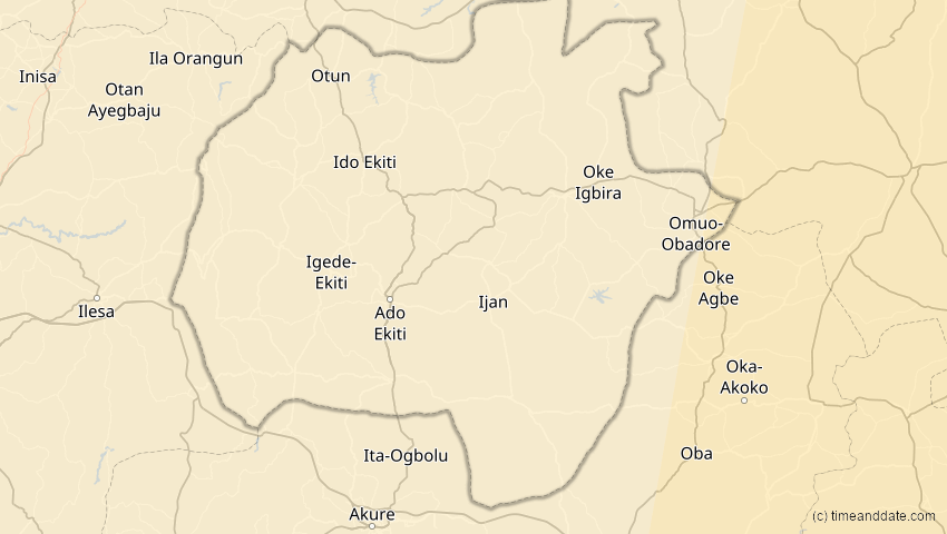 A map of Ekiti, Nigeria, showing the path of the 15. Jan 2010 Ringförmige Sonnenfinsternis