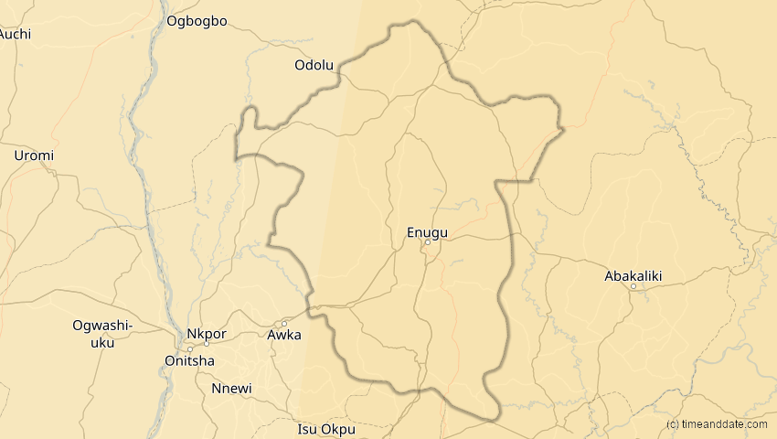 A map of Enugu, Nigeria, showing the path of the 15. Jan 2010 Ringförmige Sonnenfinsternis