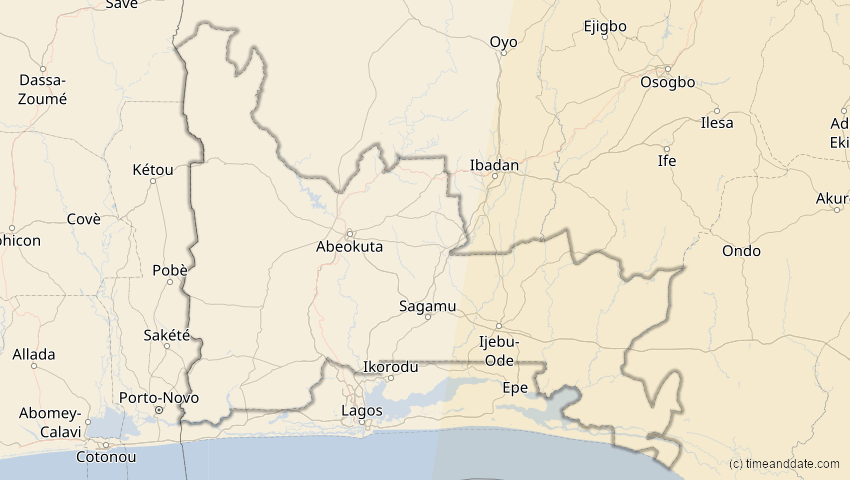 A map of Ogun, Nigeria, showing the path of the 15. Jan 2010 Ringförmige Sonnenfinsternis