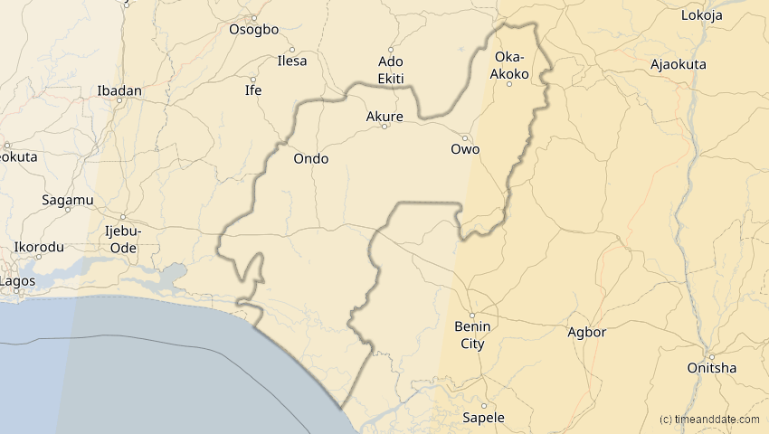 A map of Ondo, Nigeria, showing the path of the 15. Jan 2010 Ringförmige Sonnenfinsternis