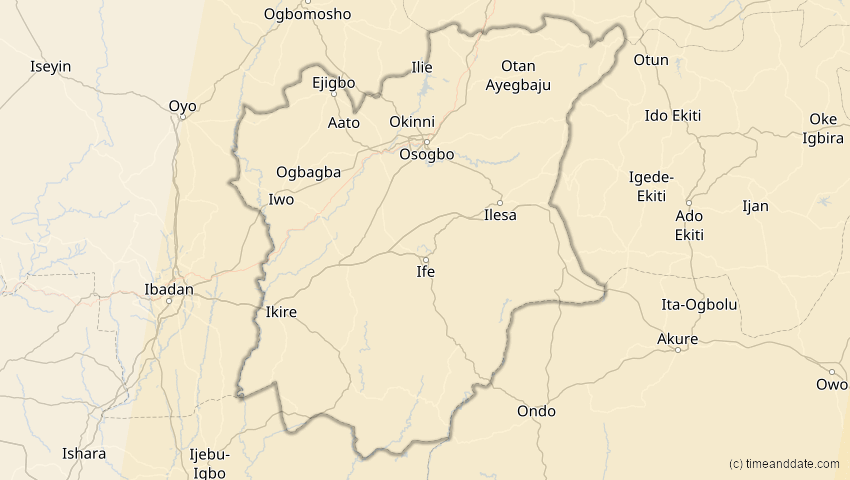 A map of Osun, Nigeria, showing the path of the 15. Jan 2010 Ringförmige Sonnenfinsternis