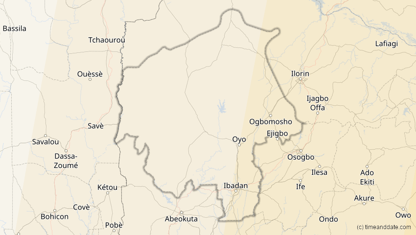 A map of Oyo, Nigeria, showing the path of the 15. Jan 2010 Ringförmige Sonnenfinsternis