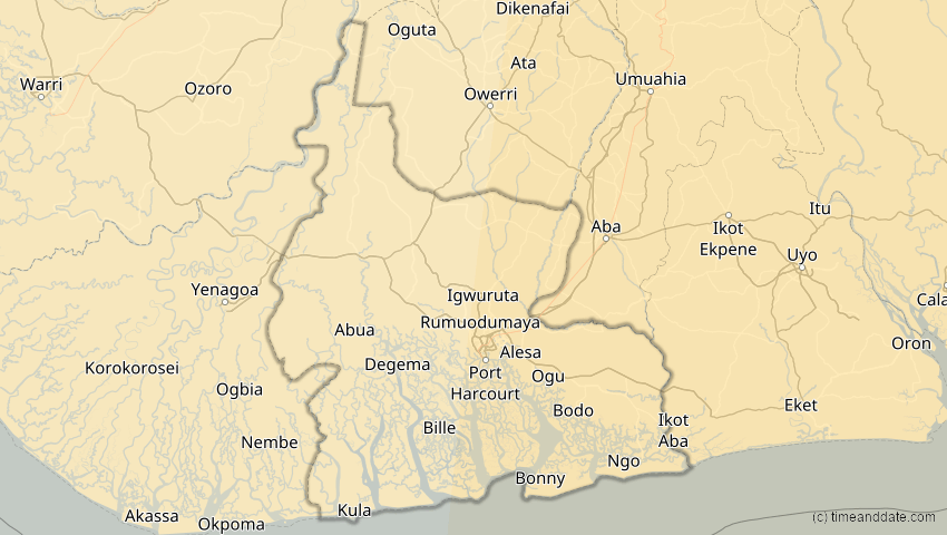 A map of Rivers, Nigeria, showing the path of the 15. Jan 2010 Ringförmige Sonnenfinsternis