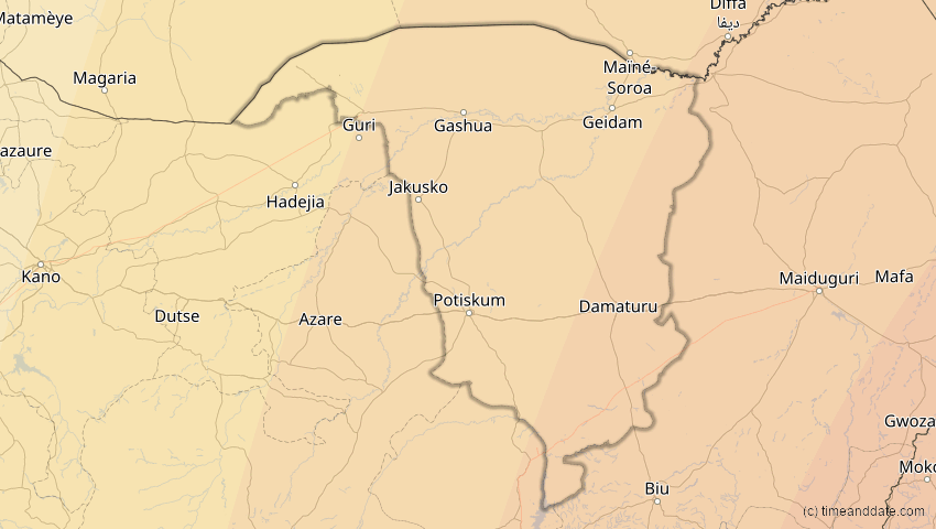 A map of Yobe, Nigeria, showing the path of the 15. Jan 2010 Ringförmige Sonnenfinsternis