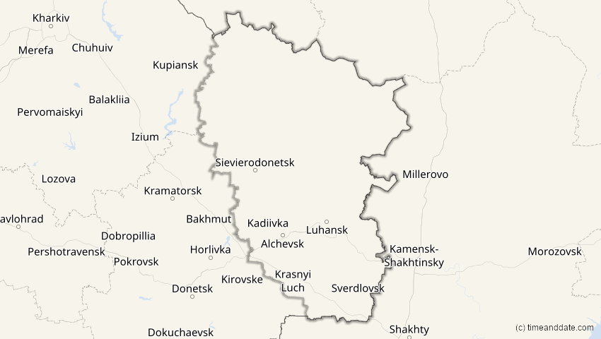 A map of Luhansk, Ukraine, showing the path of the 15. Jan 2010 Ringförmige Sonnenfinsternis
