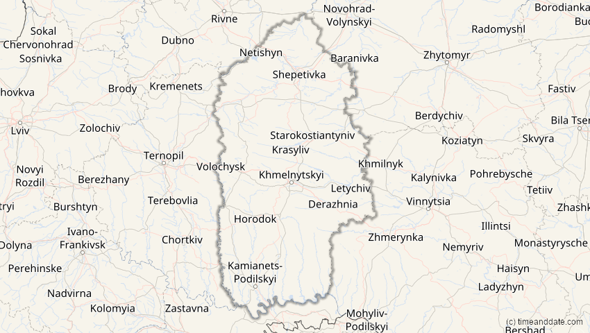 A map of Chmelnyzkyj, Ukraine, showing the path of the 15. Jan 2010 Ringförmige Sonnenfinsternis