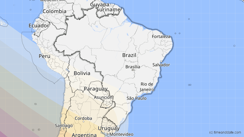 A map of Brasilien, showing the path of the 11. Jul 2010 Totale Sonnenfinsternis