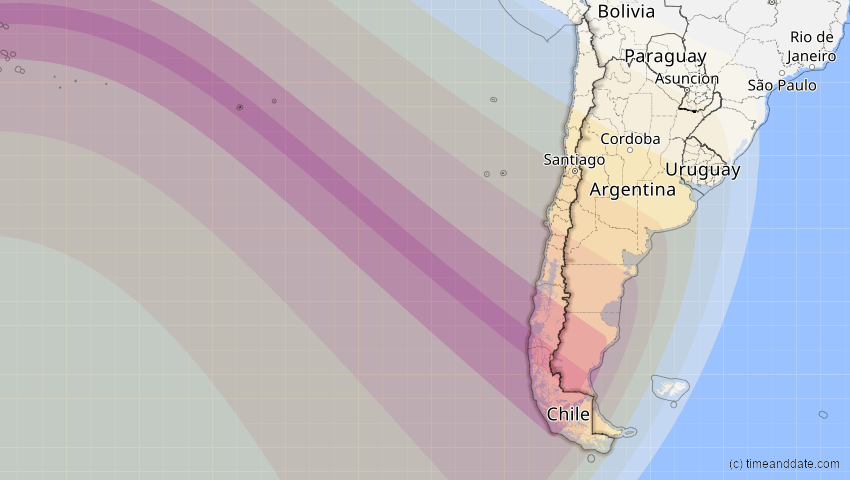 A map of Chile, showing the path of the 11. Jul 2010 Totale Sonnenfinsternis