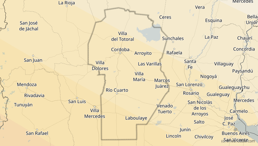 A map of Córdoba, Argentinien, showing the path of the 11. Jul 2010 Totale Sonnenfinsternis