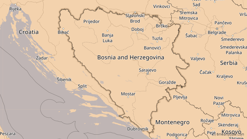 A map of Bosnien und Herzegowina, showing the path of the 4. Jan 2011 Partielle Sonnenfinsternis