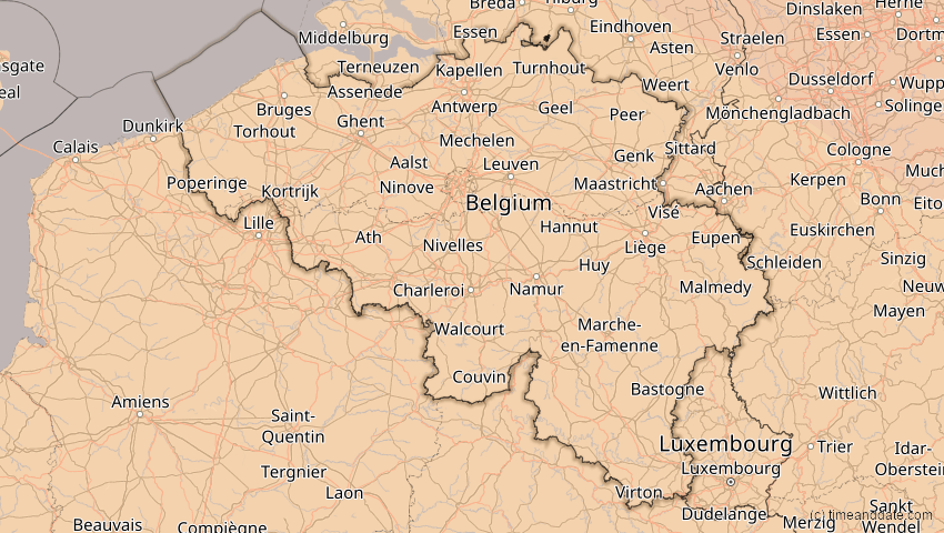 A map of Belgien, showing the path of the 4. Jan 2011 Partielle Sonnenfinsternis