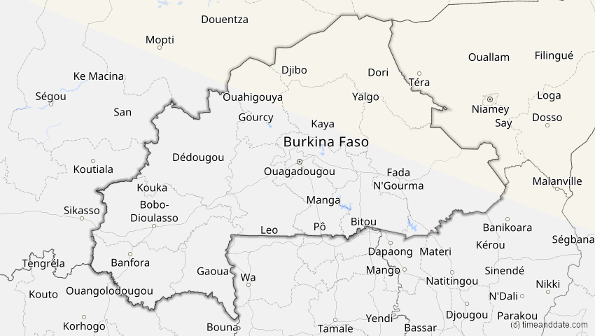A map of Burkina Faso, showing the path of the 4. Jan 2011 Partielle Sonnenfinsternis
