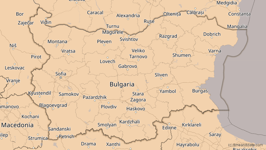 A map of Bulgarien, showing the path of the 4. Jan 2011 Partielle Sonnenfinsternis