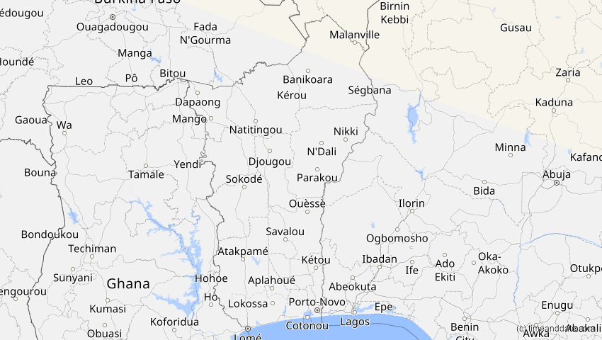 A map of Benin, showing the path of the 4. Jan 2011 Partielle Sonnenfinsternis