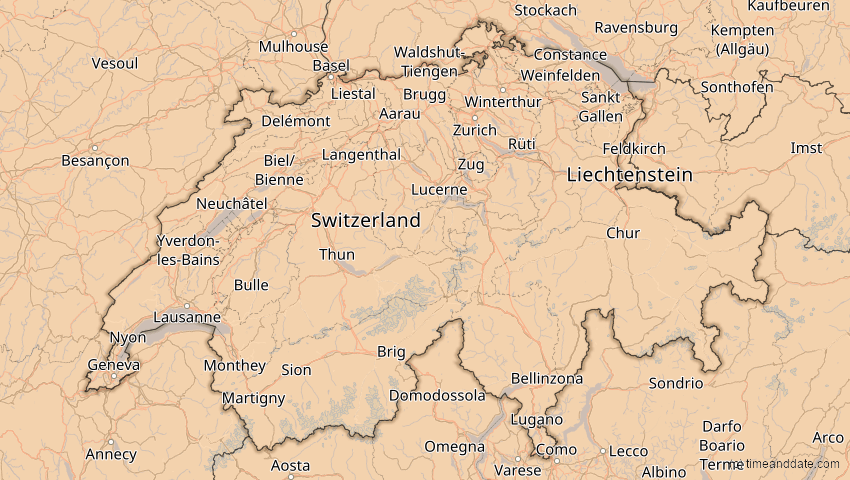 A map of Schweiz, showing the path of the 4. Jan 2011 Partielle Sonnenfinsternis