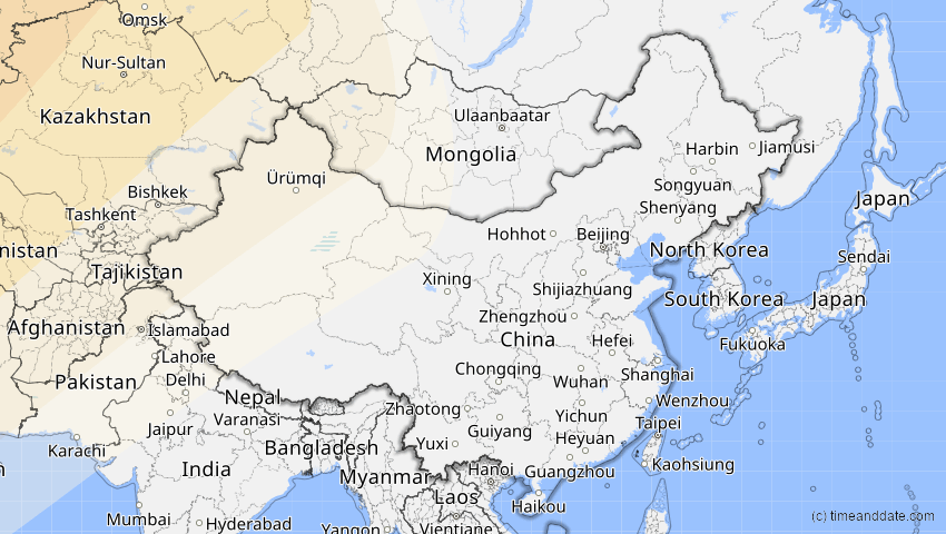A map of China, showing the path of the 4. Jan 2011 Partielle Sonnenfinsternis