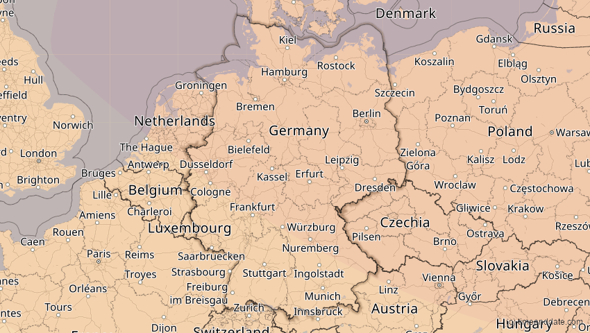 A map of Deutschland, showing the path of the 4. Jan 2011 Partielle Sonnenfinsternis