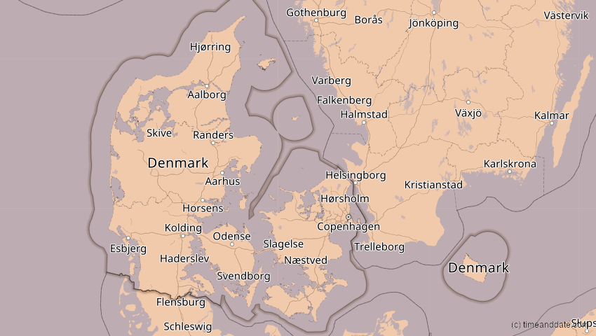 A map of Dänemark, showing the path of the 4. Jan 2011 Partielle Sonnenfinsternis