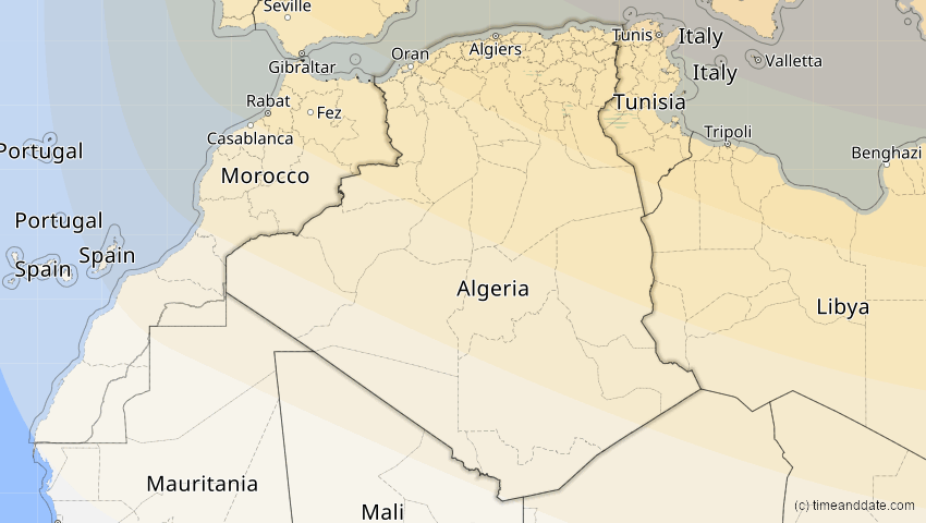 A map of Algerien, showing the path of the 4. Jan 2011 Partielle Sonnenfinsternis