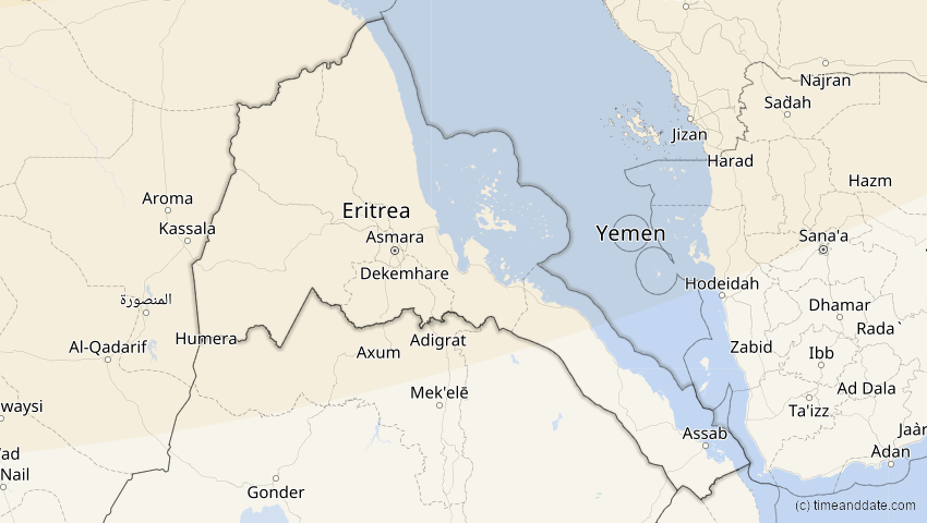 A map of Eritrea, showing the path of the 4. Jan 2011 Partielle Sonnenfinsternis