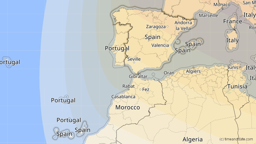 A map of Spanien, showing the path of the 4. Jan 2011 Partielle Sonnenfinsternis
