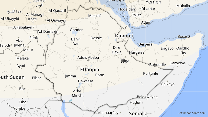 A map of Äthiopien, showing the path of the 4. Jan 2011 Partielle Sonnenfinsternis