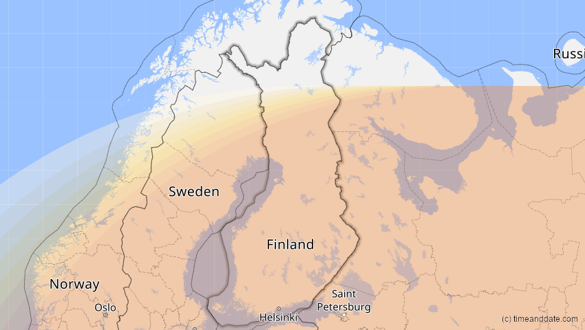 A map of Finnland, showing the path of the 4. Jan 2011 Partielle Sonnenfinsternis