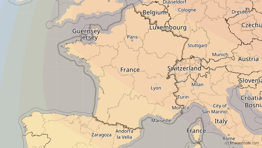 A map of Frankreich, showing the path of the 4. Jan 2011 Partielle Sonnenfinsternis
