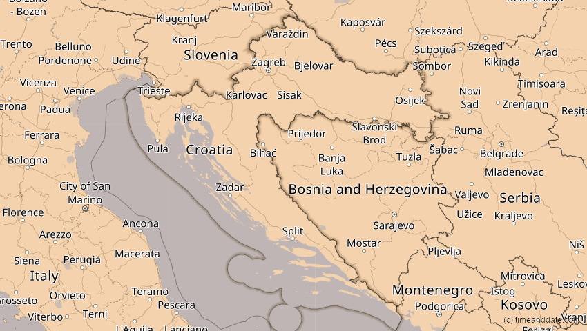 A map of Kroatien, showing the path of the 4. Jan 2011 Partielle Sonnenfinsternis