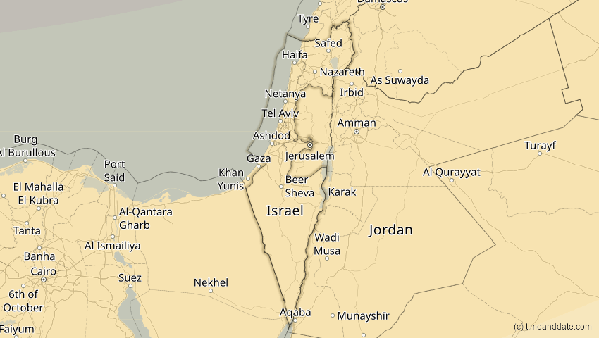 A map of Israel, showing the path of the 4. Jan 2011 Partielle Sonnenfinsternis