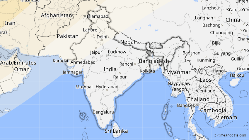 A map of Indien, showing the path of the 4. Jan 2011 Partielle Sonnenfinsternis