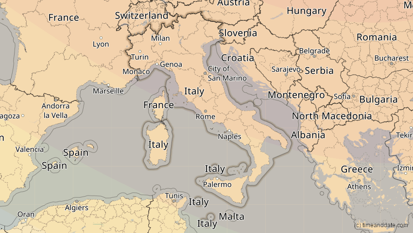 A map of Italien, showing the path of the 4. Jan 2011 Partielle Sonnenfinsternis